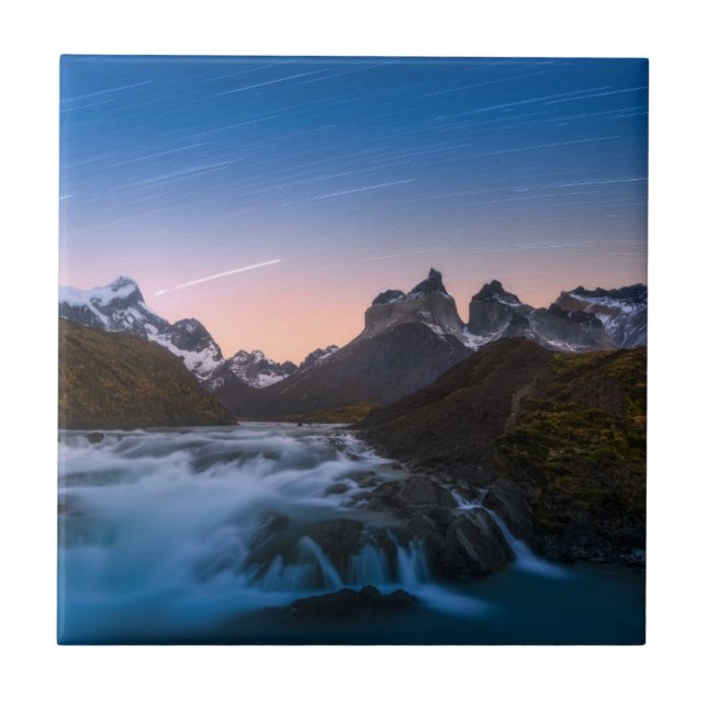 Star Trails Over Torres Del Paine Tile (Front)