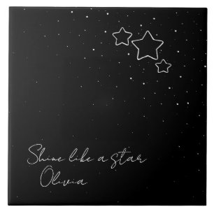 Star Trio in Black & White with message and name Ceramic Tile