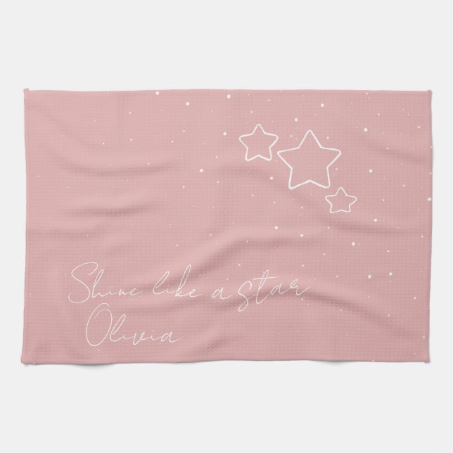Star Trio in Pink & White with message and name Tea Towel (Horizontal)