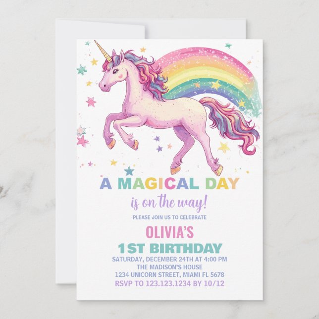 Star Unicorn Rainbow Birthday Invitations (Front)