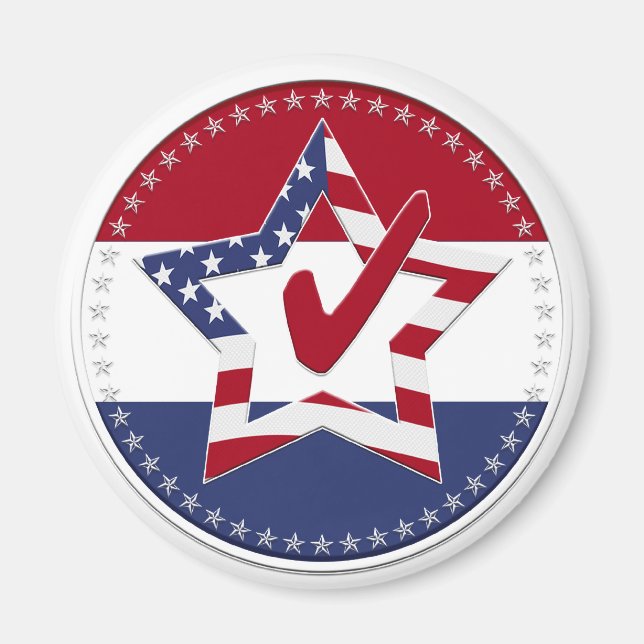 Star with US Flag, Red Check & 50 Stars - round Magnet (Front)
