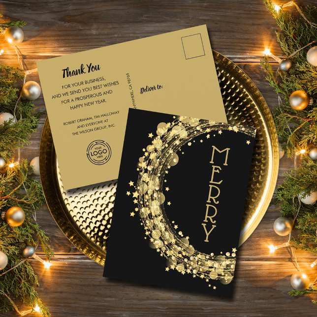 Star Wreath on Black Christmas Holiday Postcard (Star wreath on black holiday Christmas postcards, perfect to thank your customers)