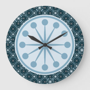 Starburst and Lines Mid Century Pattern Blue Large Clock
