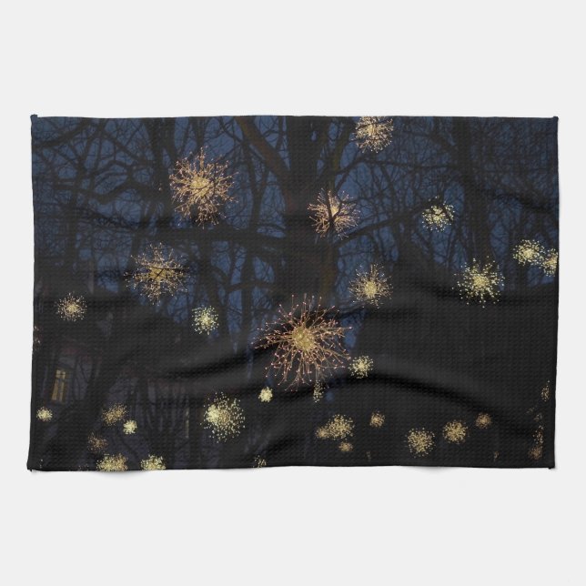 Starburst lights in trees, night holiday kitchen tea towel (Horizontal)