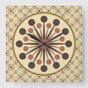 Starburst Mid Century Modern Brown and Clay Square Wall Clock