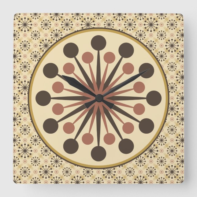 Starburst Mid Century Modern Brown and Clay Square Wall Clock (Front)