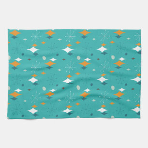 Starburst Mid Century Modern Pattern in Teal  Tea Towel