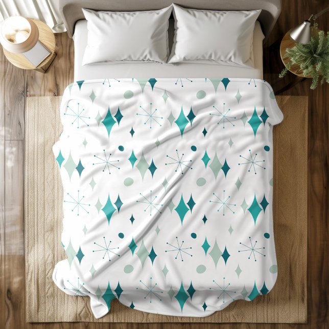 Starburst Mid Century Modern Pattern Teal Aqua  Fleece Blanket (Starburst Mid Century Modern Pattern Teal Aqua Fleece Blanket)