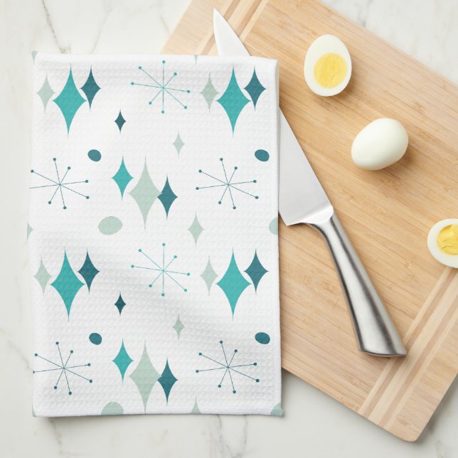 Starburst Mid Century Modern Pattern Teal Aqua  Tea Towel (Quarter Fold)