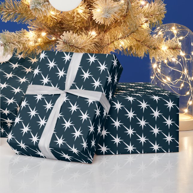 Starburst navy blue and white pattern modern gift wrapping paper (Holidays)