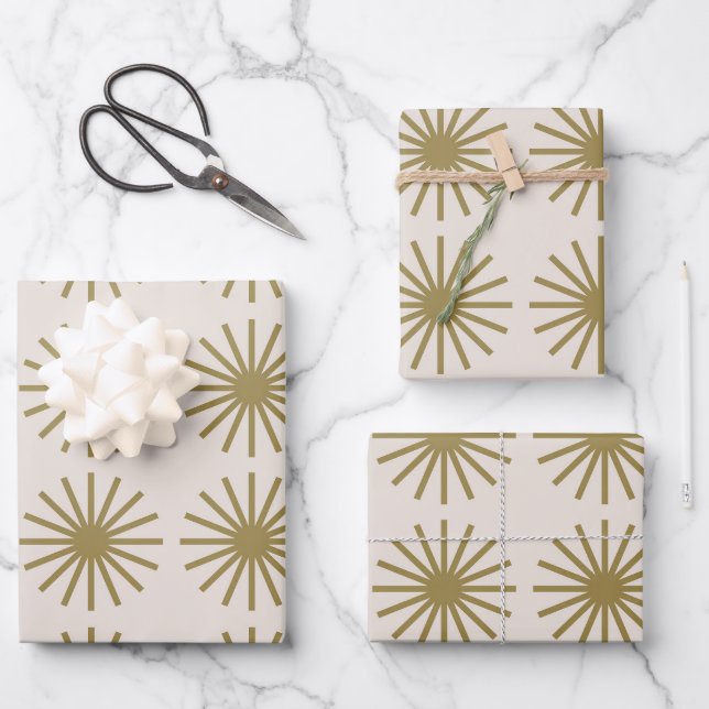 Starburst Pattern Gold & Linen White Wrapping Paper Sheet (Front)