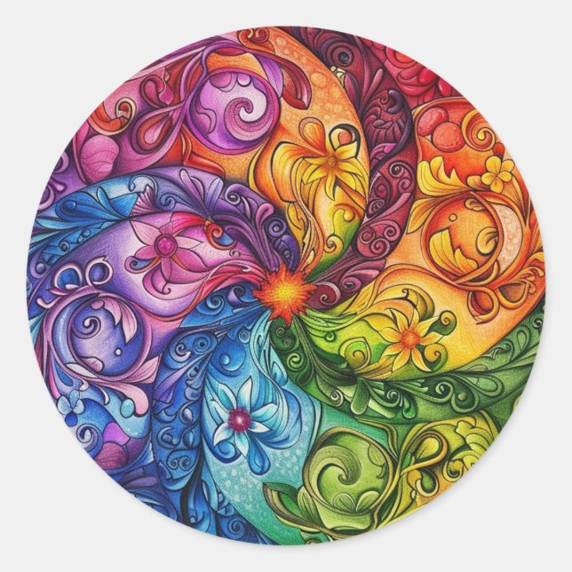 Starburst rainbow floral classic round sticker (Front)