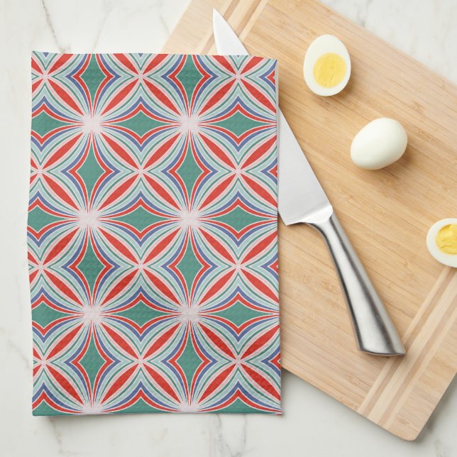 Starburst Striped Tile Pattern in Red, Green, Blue Tea Towel (Quarter Fold)