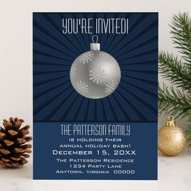 Starburst Stripes Ornament Holiday Party Dark Blue Invitation (Blue Starburst Stripes Ornament Holiday Party Invitation)
