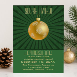 Starburst Stripes Ornament Party, Green and Gold Invitation