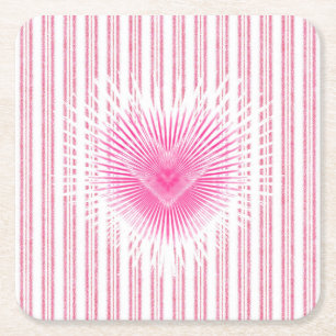 Starburst Valentine Heart on Soft Pink Stripe Square Paper Coaster