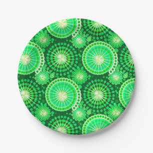 Starbursts and pinwheels, dark pine green paper plate