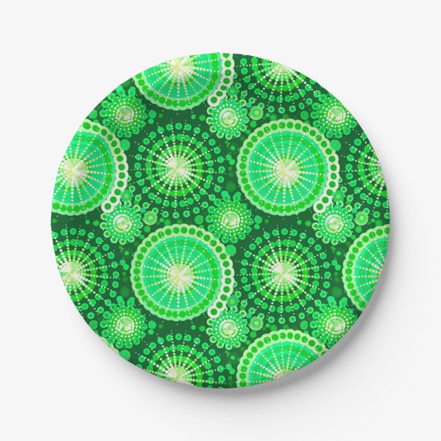 Starbursts and pinwheels, dark pine green paper plate (Front)