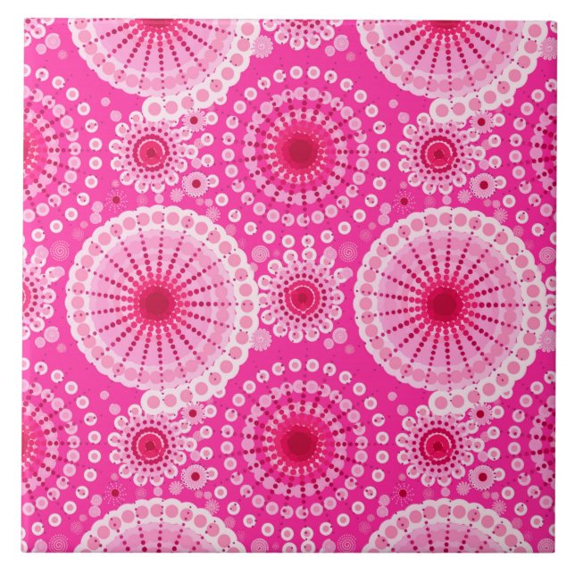 Starbursts and pinwheels, fuchsia pink & maroon ceramic tile (Front)