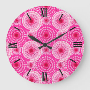 Starbursts and pinwheels, fuchsia pink & maroon large clock