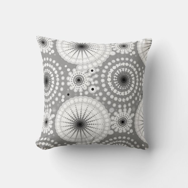 Starbursts and pinwheels, grey, black and white cushion (Front)