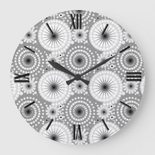 Starbursts and pinwheels, grey, black and white large clock
