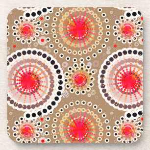 Starbursts and pinwheels, taupe, red, white coaster