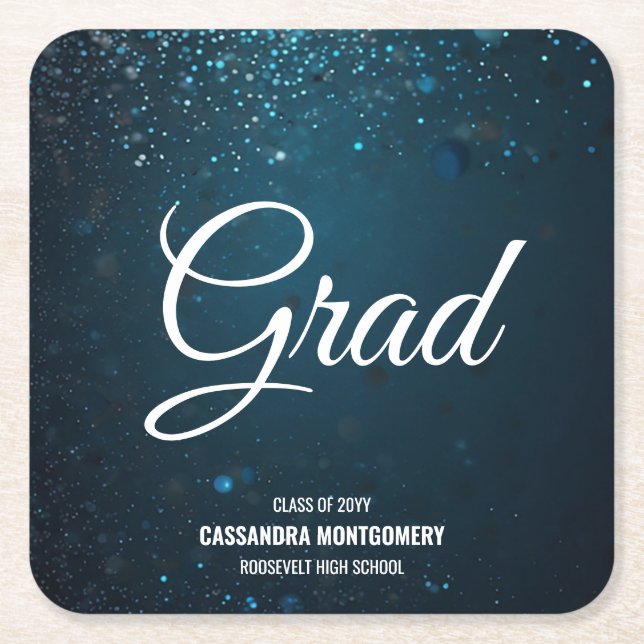 Stardust Blue Graduation Party Square Paper Coaster (Front)