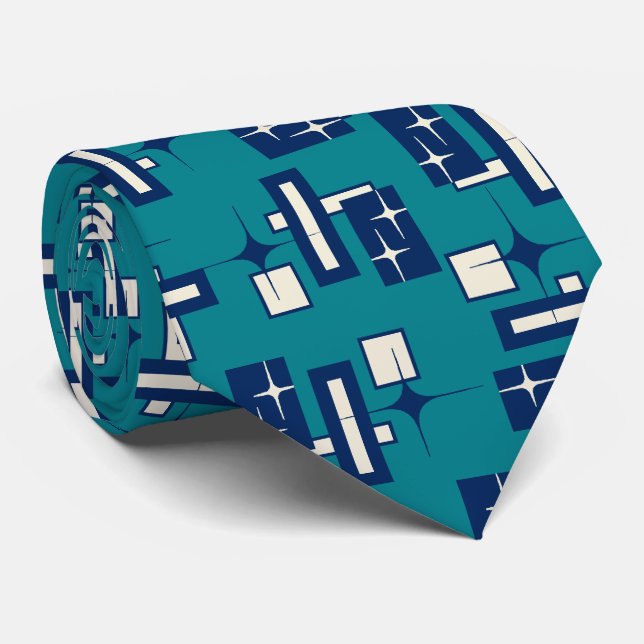Stardust Retro Geometric Teal Two-sided Tie (Rolled)