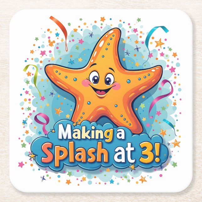 Starfish 3rd Birthday Making a Splash at 3 Square Paper Coaster (Front)