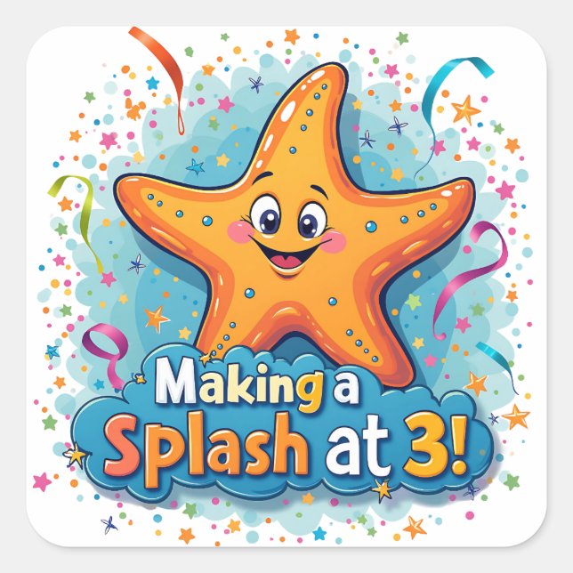 Starfish 3rd Birthday Making a Splash at 3 Square Sticker (Front)