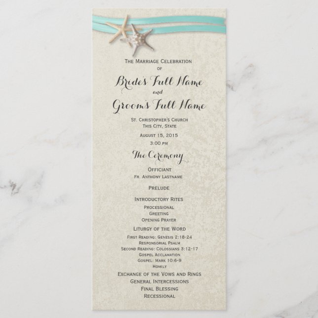 Starfish and Aqua Ribbon Wedding Program (Front)
