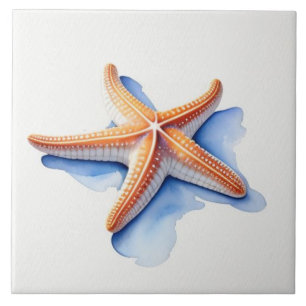 Starfish and Blue Silhouette Ceramic Tile