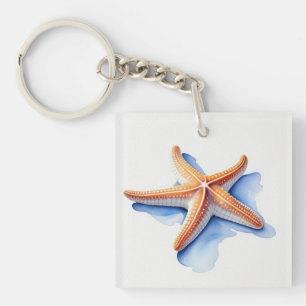 Starfish and Blue Silhouette Key Ring