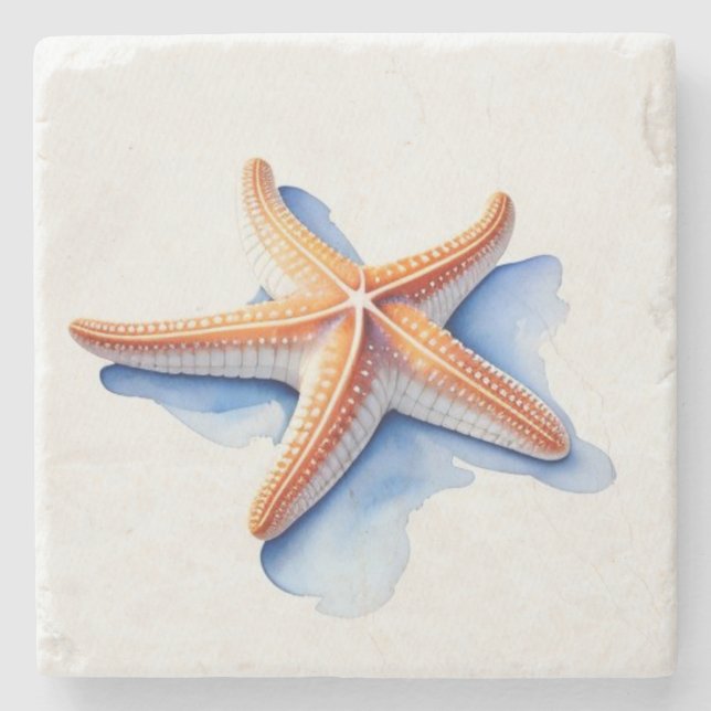 Starfish and Blue Silhouette Stone Coaster (Front)
