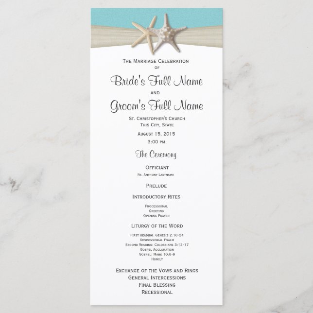 Starfish and Burlap Coral Beach Wedding Program (Front)