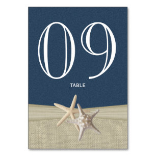 Starfish and Burlap Navy Blue Table Number Card