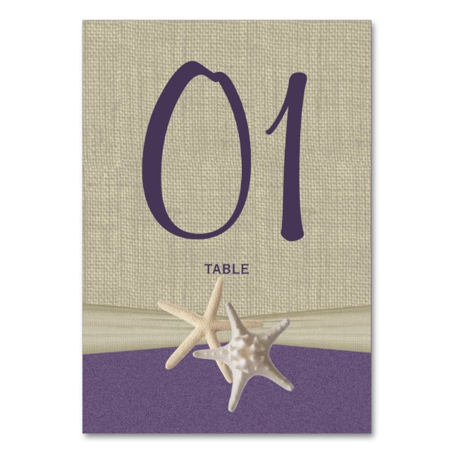 Starfish and Burlap Purple Table Number Card (Front)