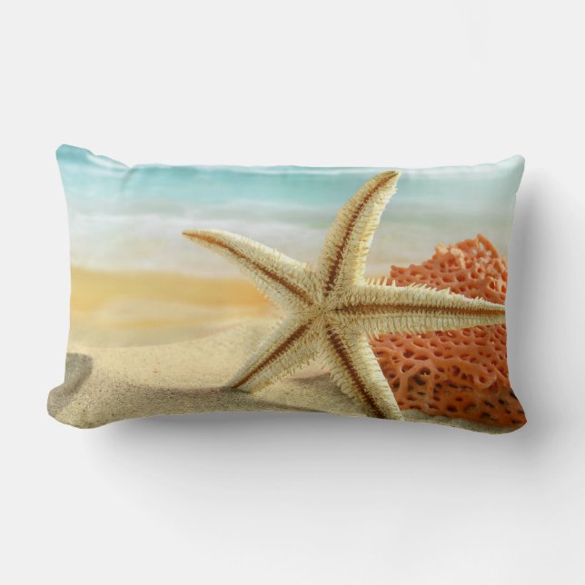 STARFISH AND CORAL ON BEACH CUSHION PILLOW (Front)