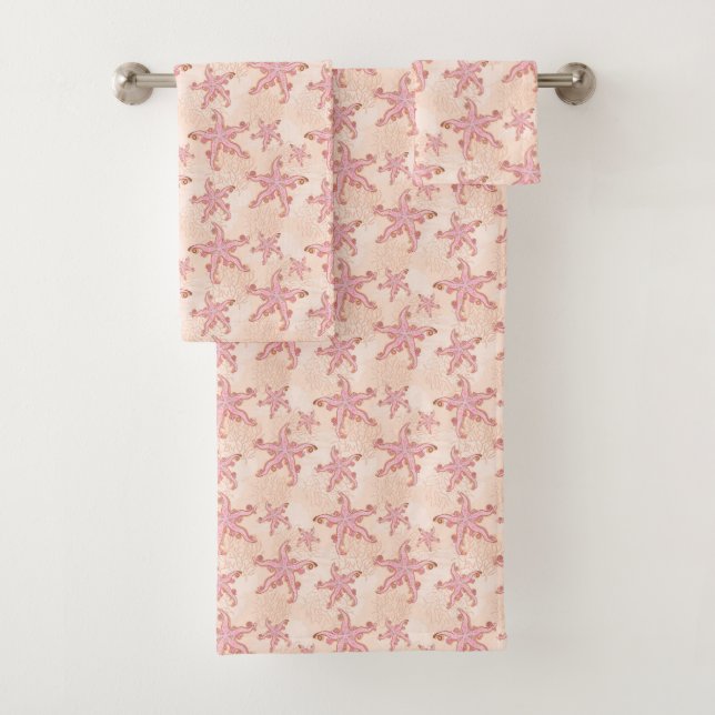 Starfish and Coral Pink Pastel Pattern Bath Towel Set (Insitu)
