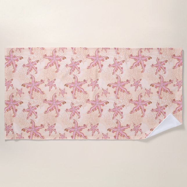 Starfish and Coral Pink Pastel Pattern Beach Towel (Front)