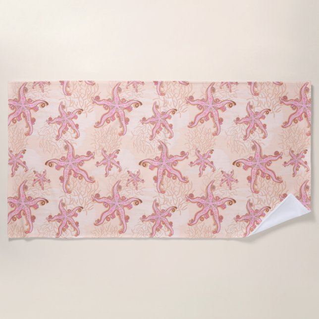 Starfish and Coral Pink Pastel Pattern Beach Towel (Front)