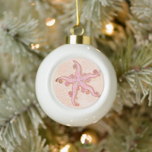 Starfish and Coral Pink Pastel Pattern Ceramic Ball Christmas Ornament