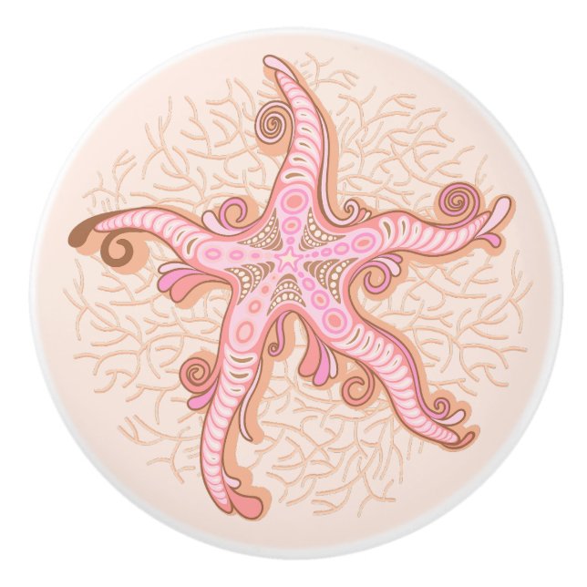 Starfish and Coral Pink Pastel Pattern Ceramic Knob (Front)