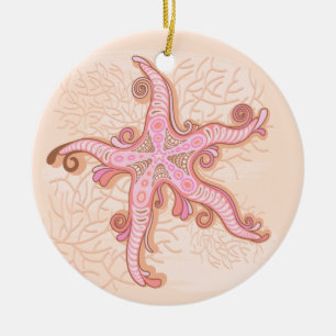 Starfish and Coral Pink Pastel Pattern Ceramic Ornament