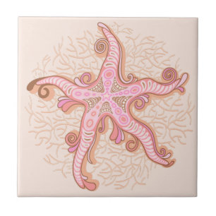 Starfish and Coral Pink Pastel Pattern Ceramic Tile