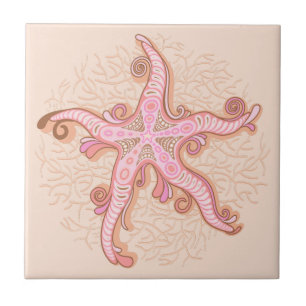 Starfish and Coral Pink Pastel Pattern Ceramic Tile