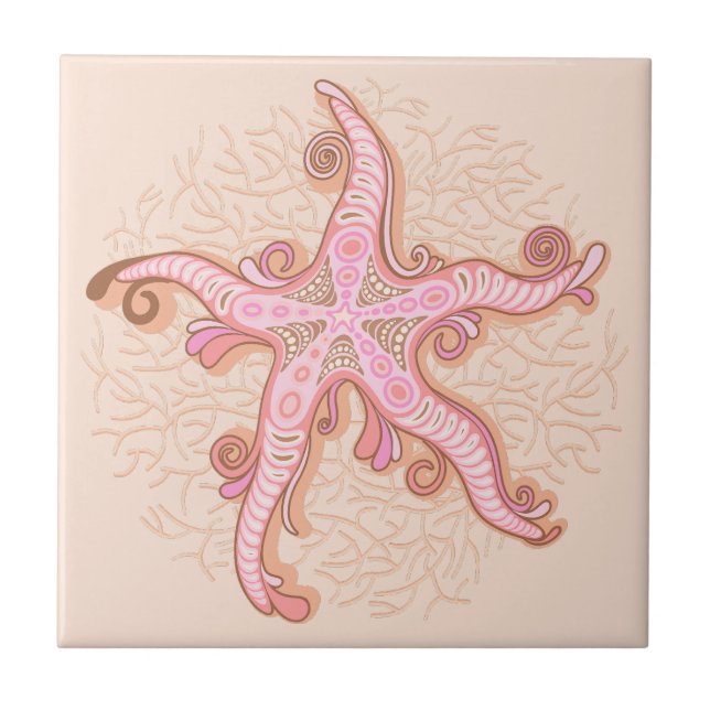 Starfish and Coral Pink Pastel Pattern Ceramic Tile (Front)