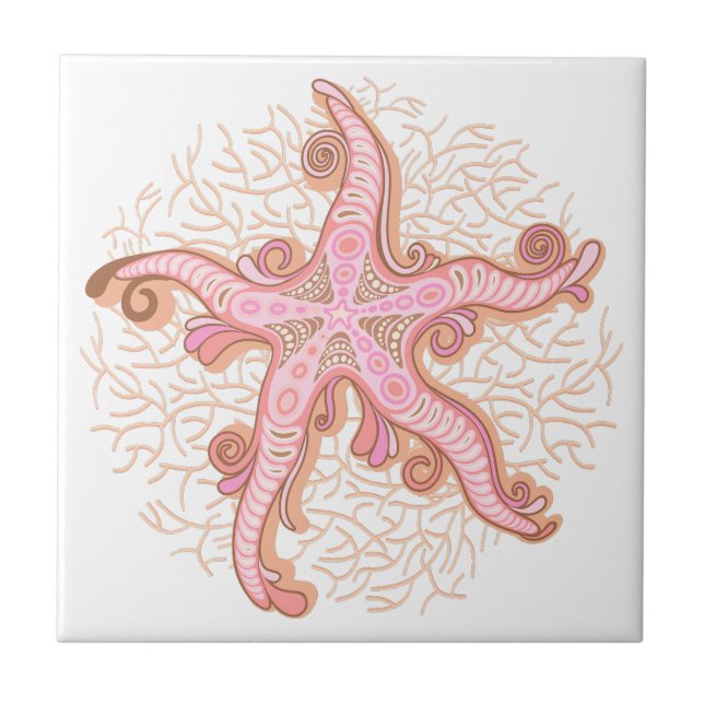 Starfish and Coral Pink Pastel Pattern Ceramic Tile (Front)