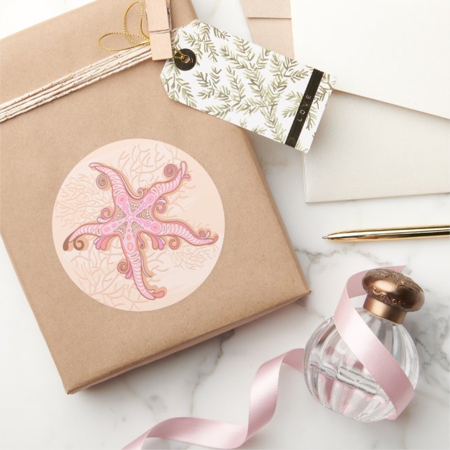 Starfish and Coral Pink Pastel Pattern Classic Round Sticker (Gifting)